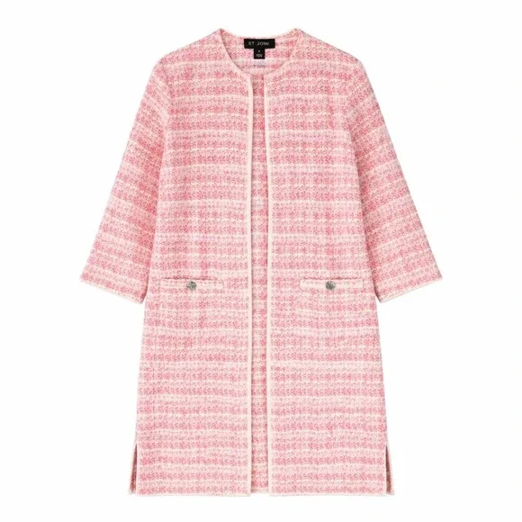 St John Jacket M Pink Tweed Knit Cardigan Duster Long Blazer Wool Blend Sweater - Picture 1 of 13